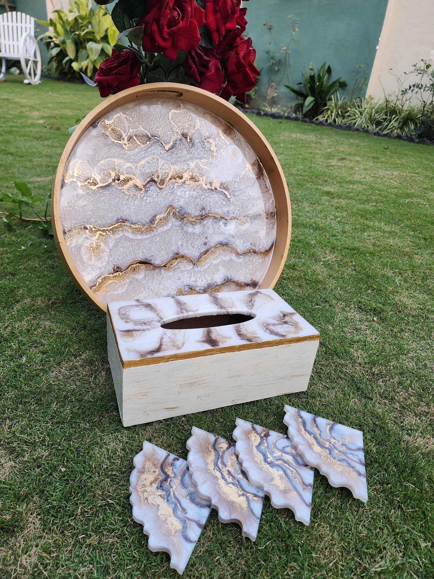 Tray set with round tray, tissue box, and coasters