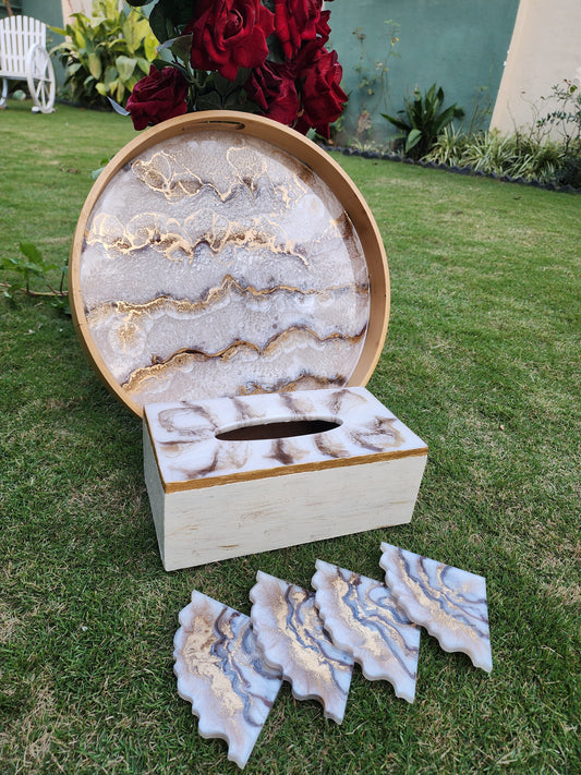 Tray set with round tray, tissue box, and coasters